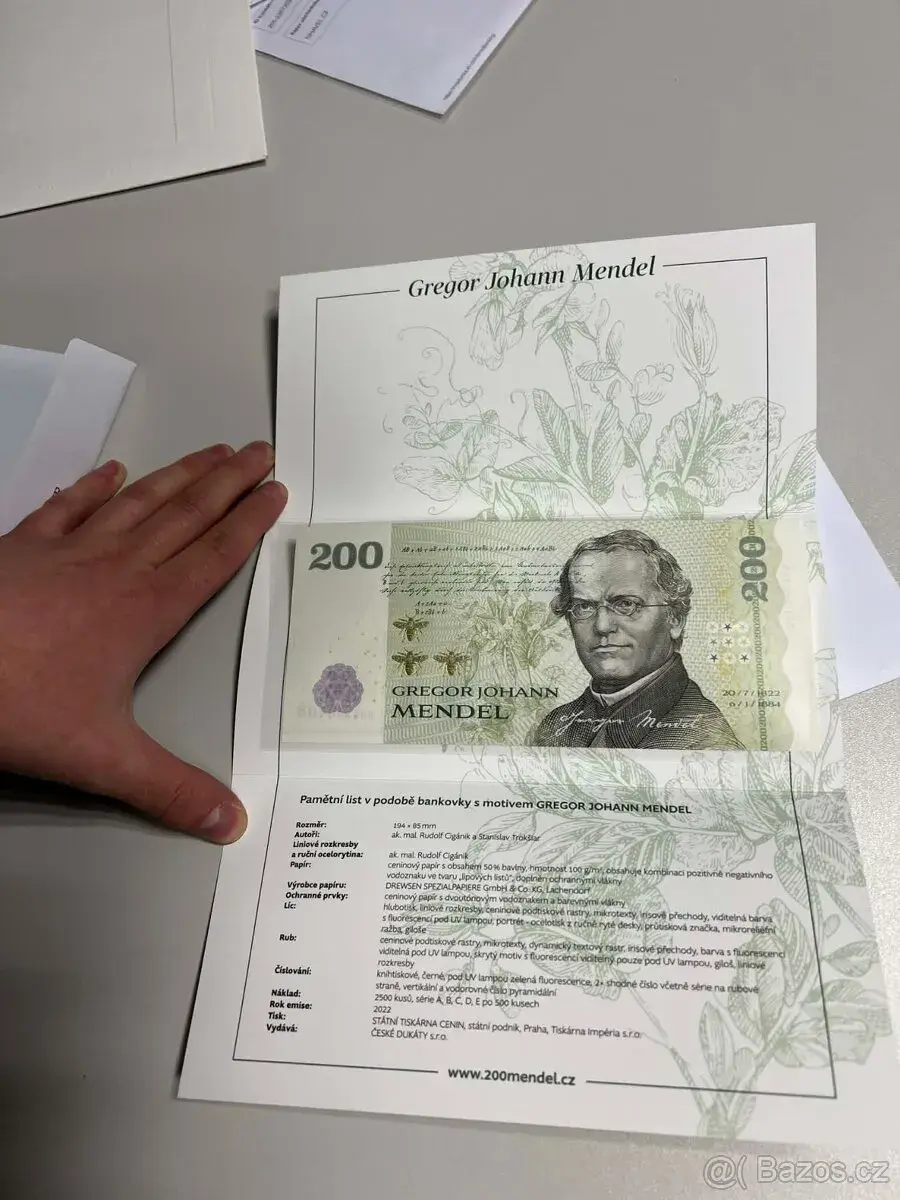 Pamětní bankovka GREGOR MENDEL vydaní k 200. výročí od naroz