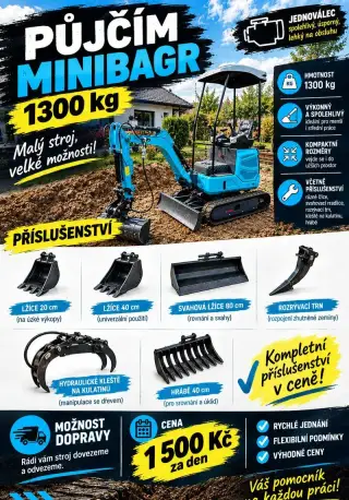Pronajmu minibagr 1300kg jednoválec