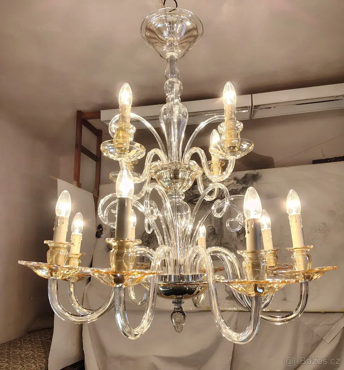 Starožitný 12 ramenný muránský lustr Murano cca 1925-30