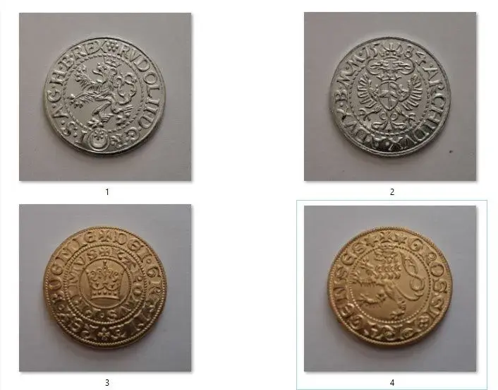 2 kopie mince Bílý Groš Rudolf II. + Pražský groš Karel IV.