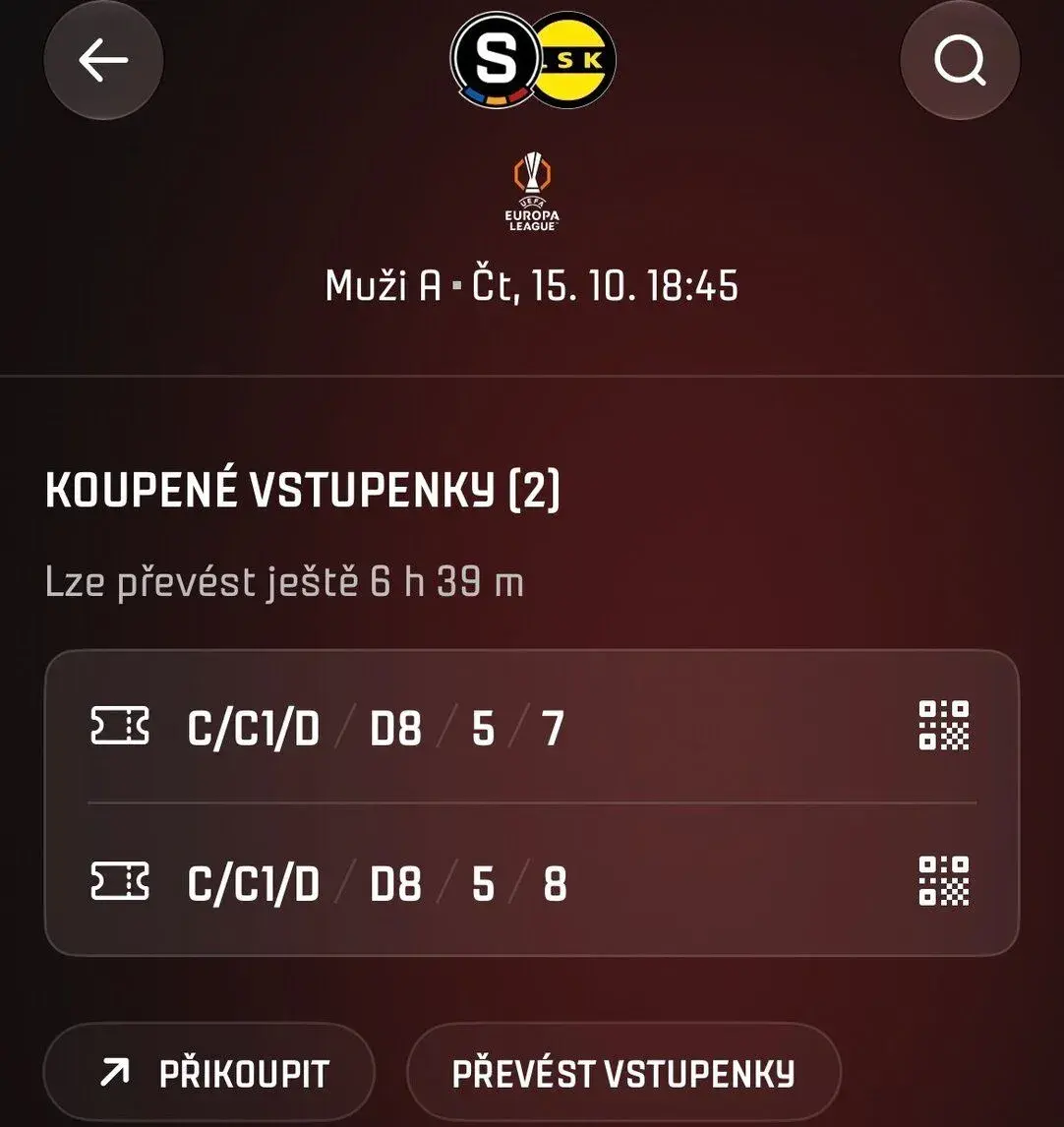 2 vstupenky Sparta Praha - Lillestrøm