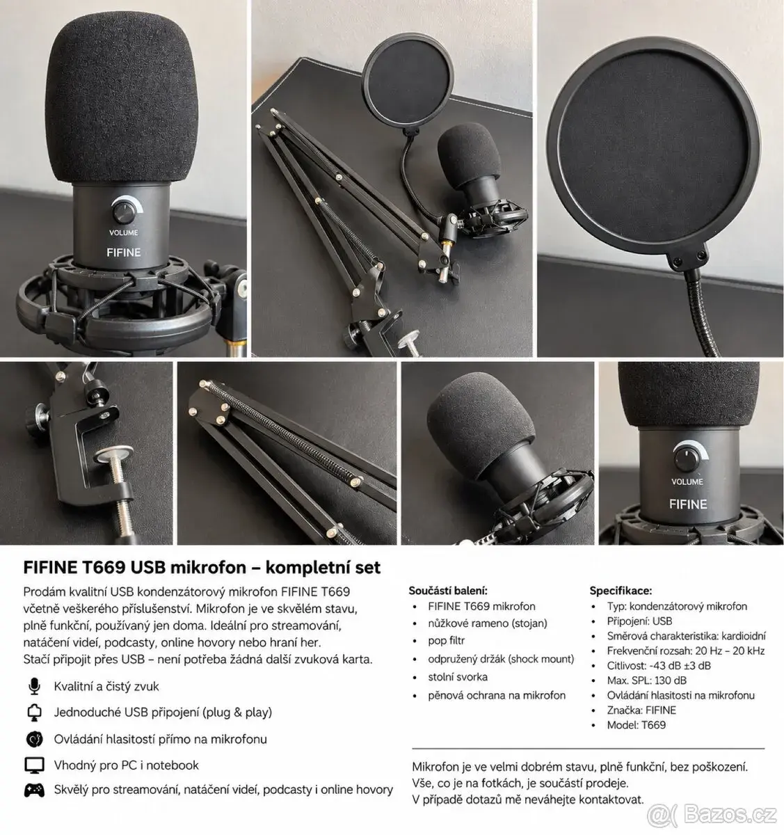 FIFINE T669 USB mikrofon + rameno + pop filtr