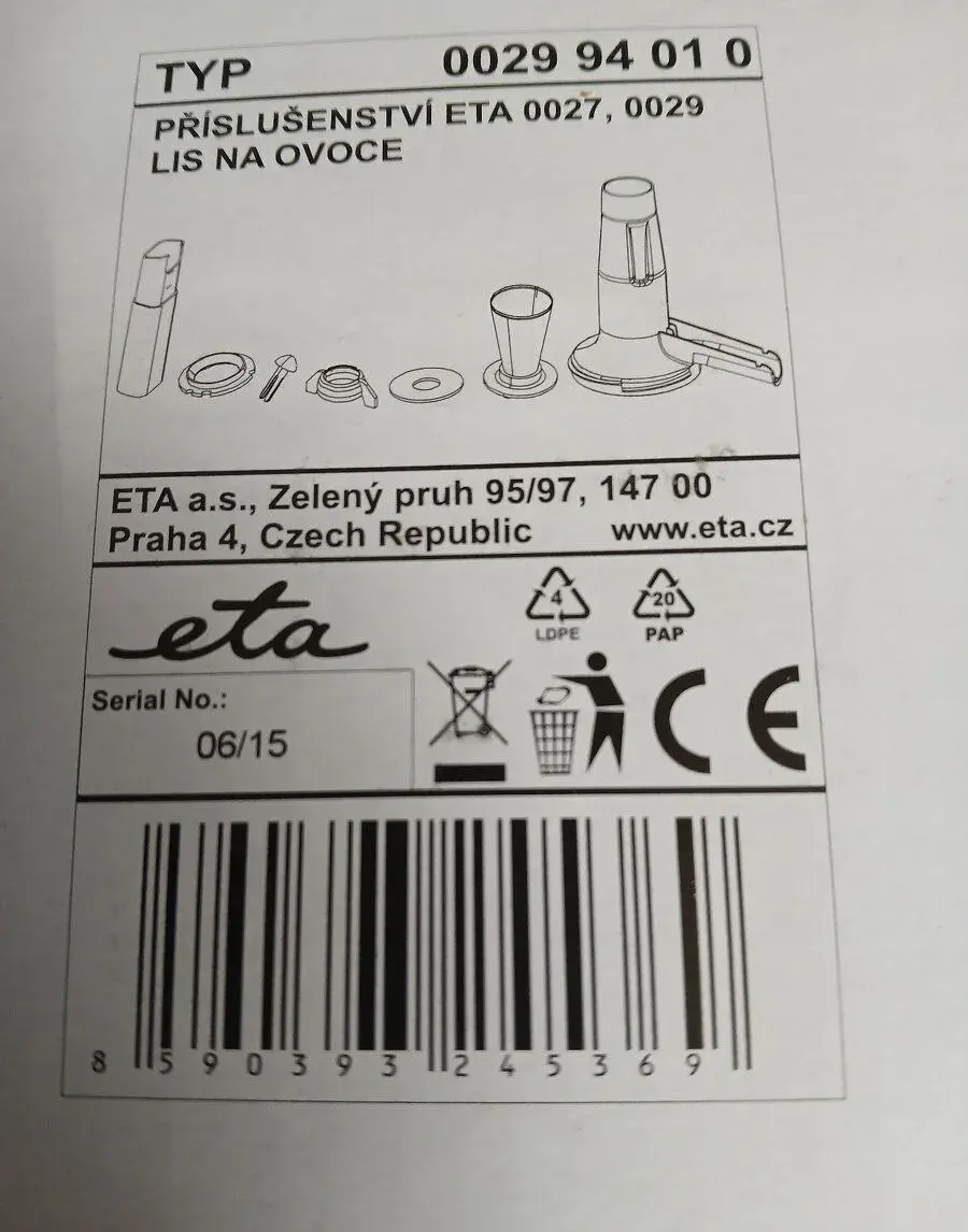 Příslušenství ETA 029 lis na ovoce