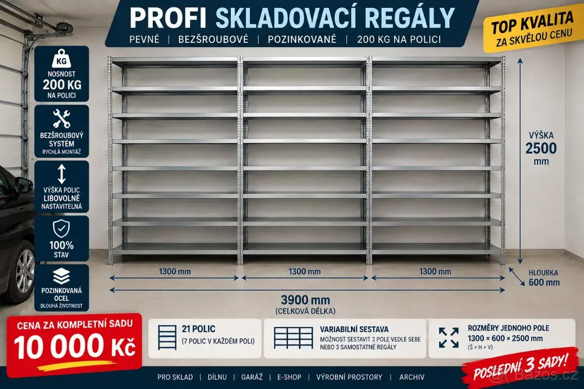 PROFESIONÁLNÍ POZINKOVANÉ SKLADOVACÍ REGÁLY 390×60×250 cm
