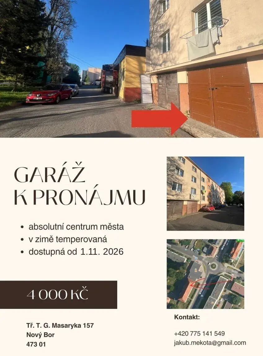 Pronájem temperované a bezpečné garáže T.G.M. 157, Nový Bor
