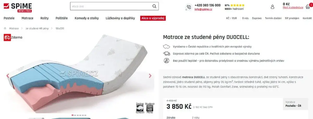 2 ks NOVÉ MATRACE 90x200 cm, 7-zónová matrace