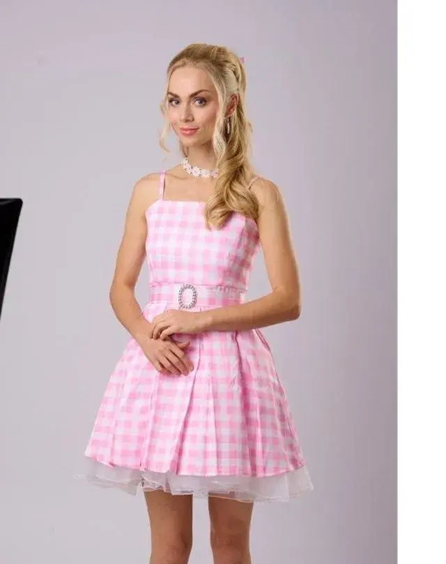 Kostým Barbie – růžové kárované šaty s doplňky