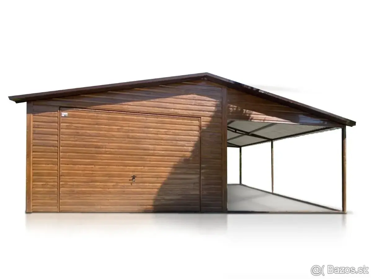 Plechová garáž 4x6m + přístřešek.