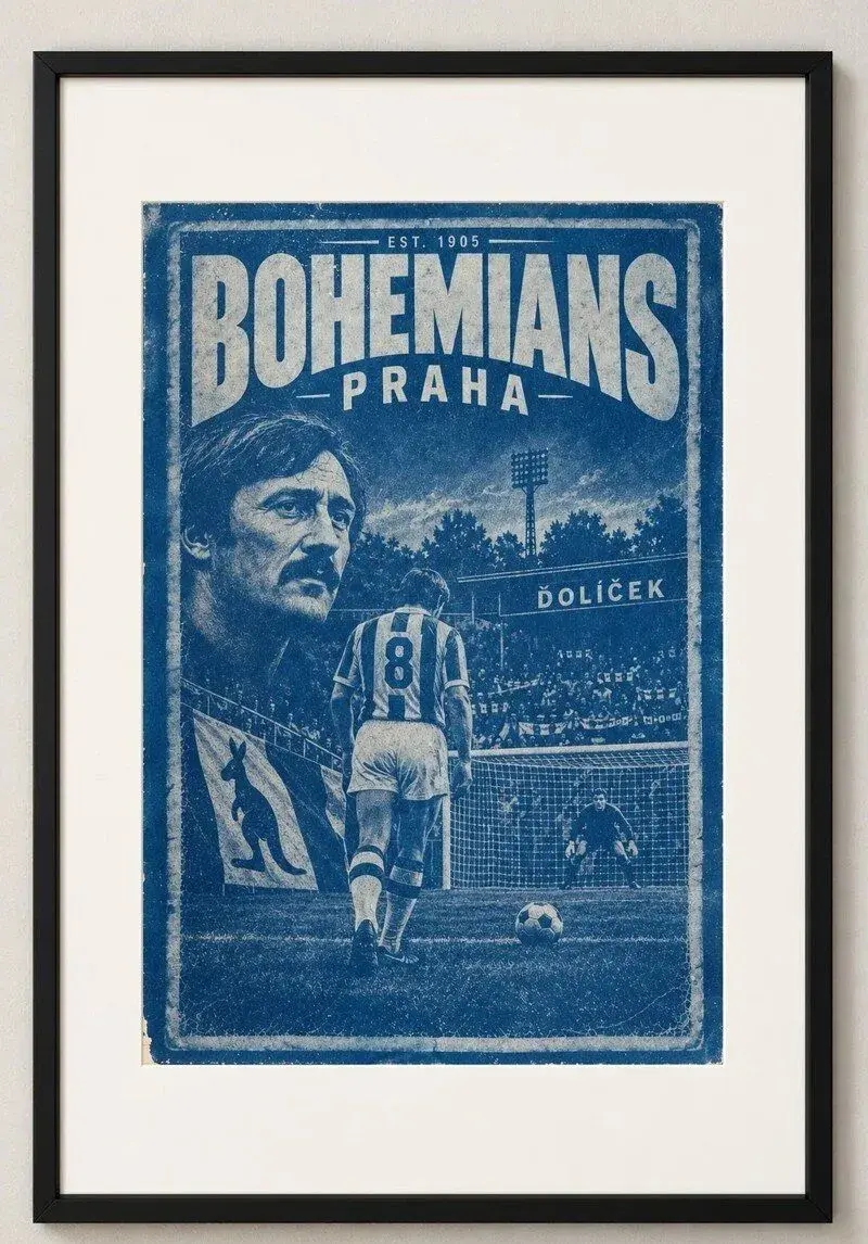 Bohemians Praha legenda s knírem a penalta – modrotisk A4