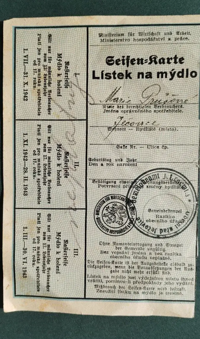 protektorát-lístek na mýdlo červenec 1942-červen 1943