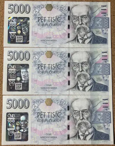 5000 Kč s přítiskem NBČ – UNC, série 01M, i postupka 3 ks