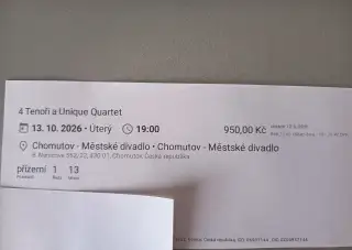 1 vstupenka na 4 TENORY, Chomutov 13.10., 1. řada
