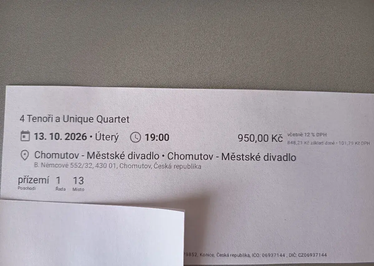 1 vstupenka na 4 TENORY, Chomutov 13.10., 1. řada