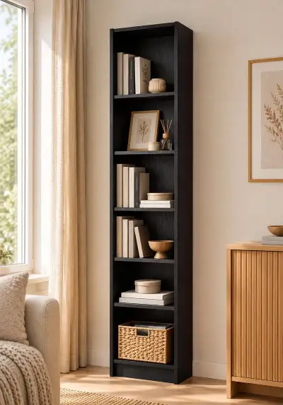 IKEA BILLY úzká knihovna, černá, vzor dub