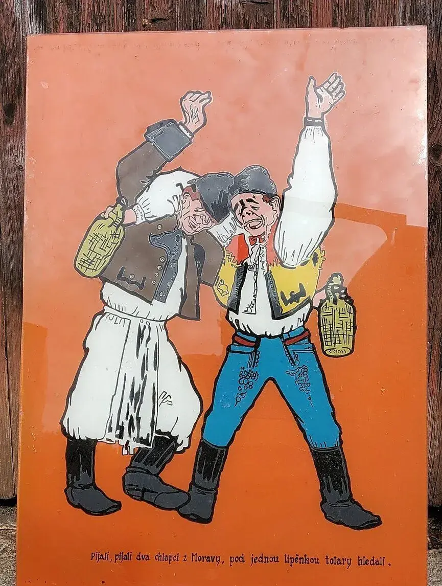 Retro malba na skle / vinárna, vinný sklípek "Opilci"
