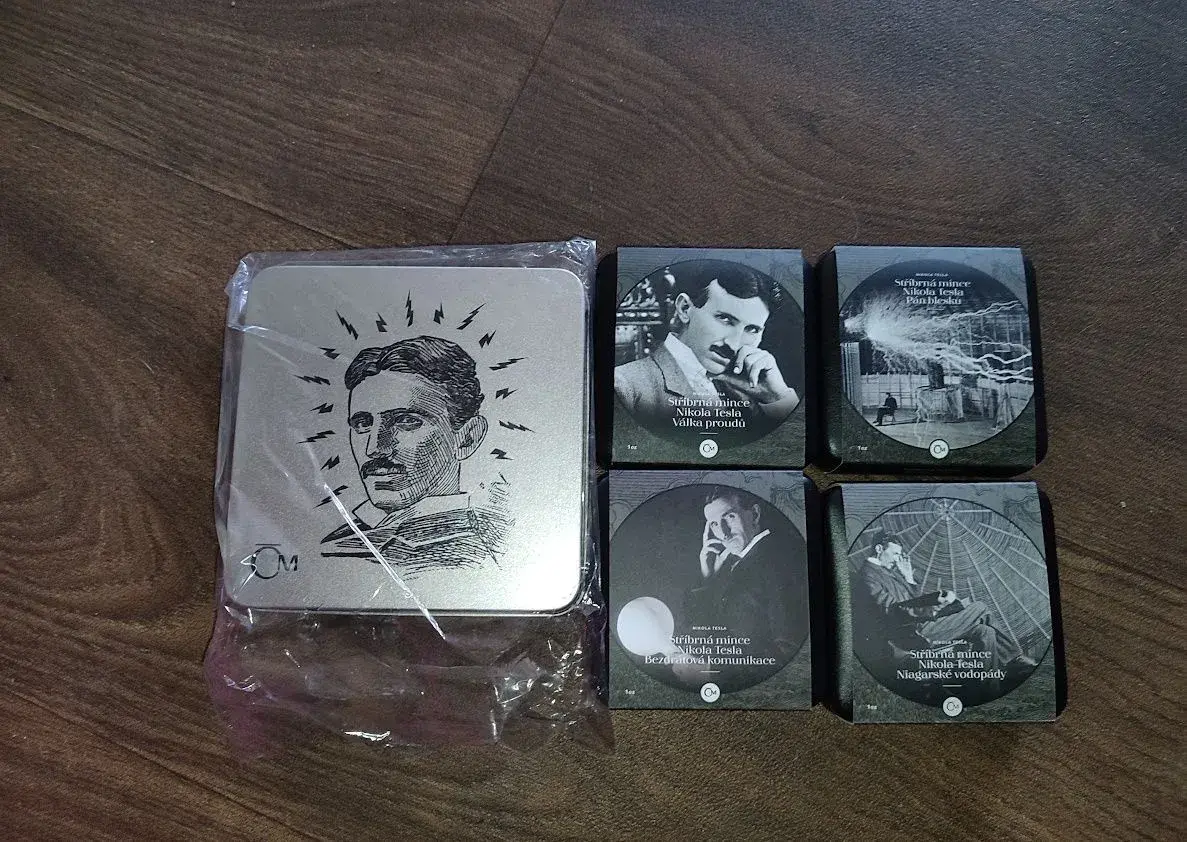sada set stříbrné mince Nikola Tesla 1oz
