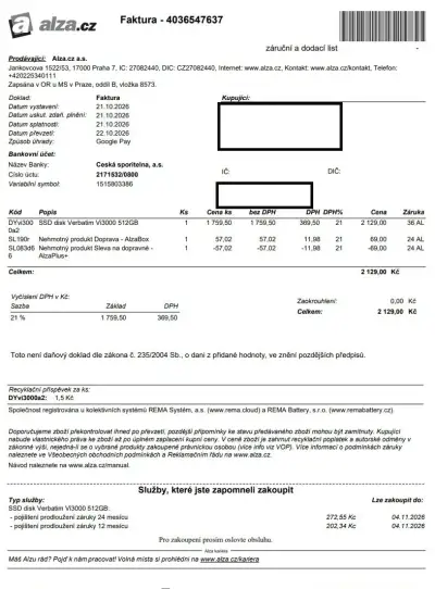 SSD disk Verbatim Vi3000 512GB ZÁNOVNÍ ZÁRUKA