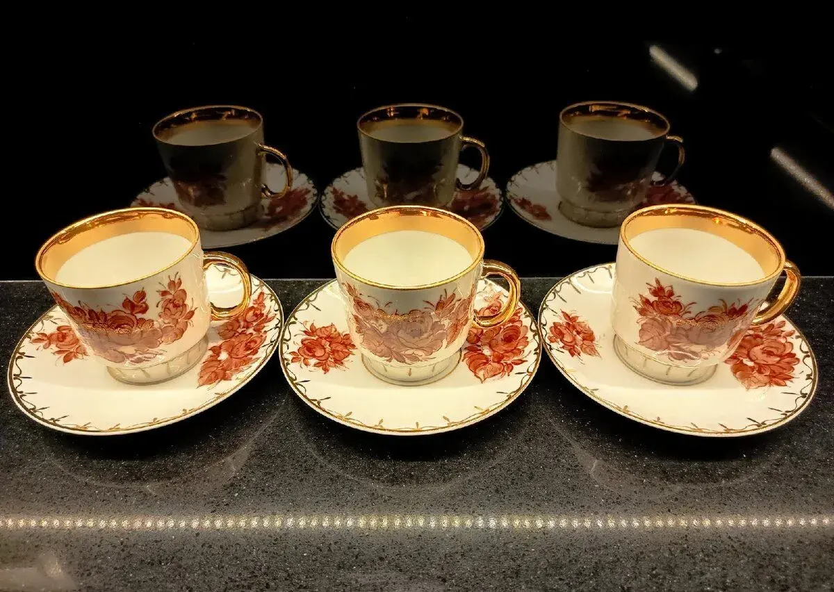 Porcelánové šálky s podšálky – ruční malba, zlacení, 3+3 ks