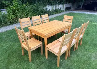 Masivní rozkládací jídelní stůl + 8 židlí, délka až 230 cm