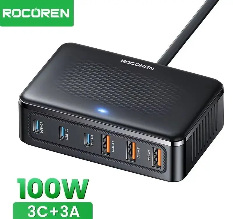 NOVÁ nabíječka Rocoren 100W, 3x USB-C + 3x USB-A, 6 portů