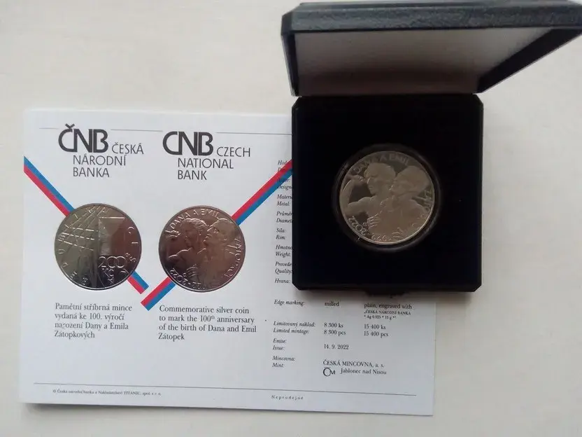 Pamětní stříbrná mince 200Kč 2022 Zátopkovi proof