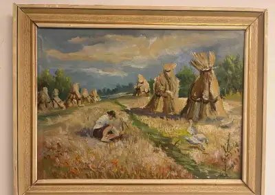 Obraz Souček, Žně s husy, olej plátno 50x70