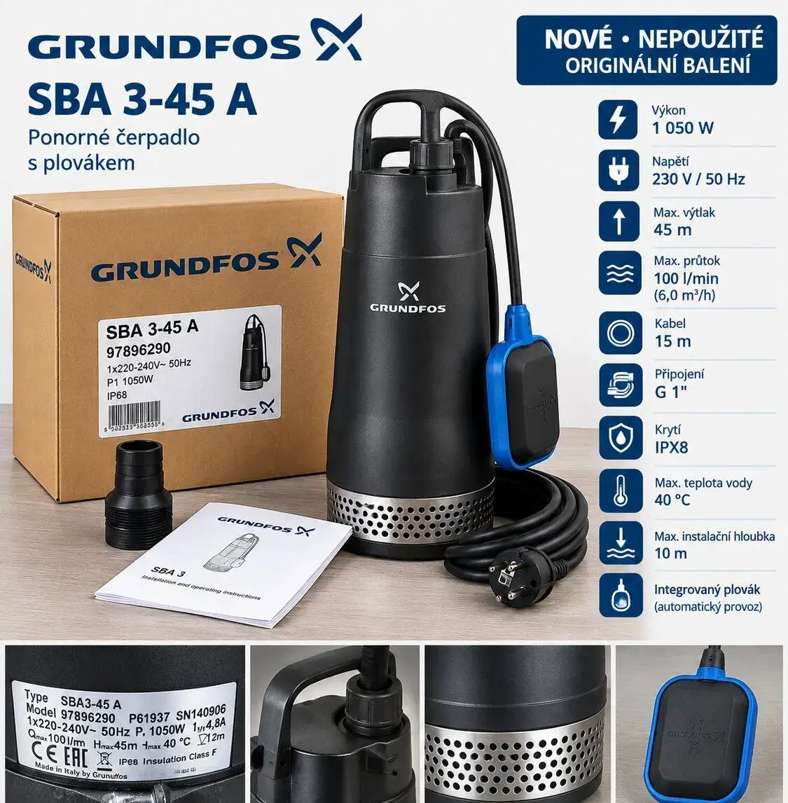 Nové nepoužité čerpadlo na vodu. GRUNDFOS SBA 3-45A