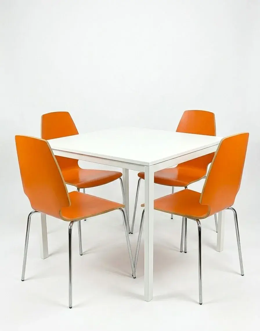 Jídelní set IKEA: Bílý stůl MELLTORP + 4x oranžové židle VIL