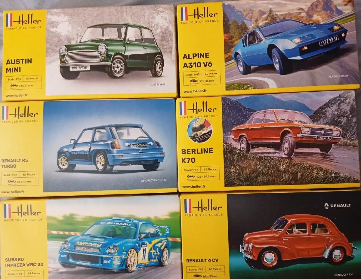 Stavebnice aut 1/43, Heller, nové. Austin, Renault, Alpine.