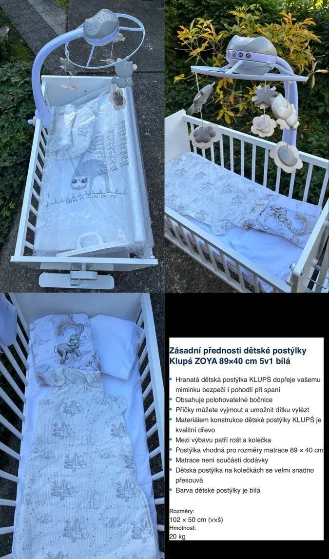 Postýlka Klupś Zoya 5v1 + příslušenství