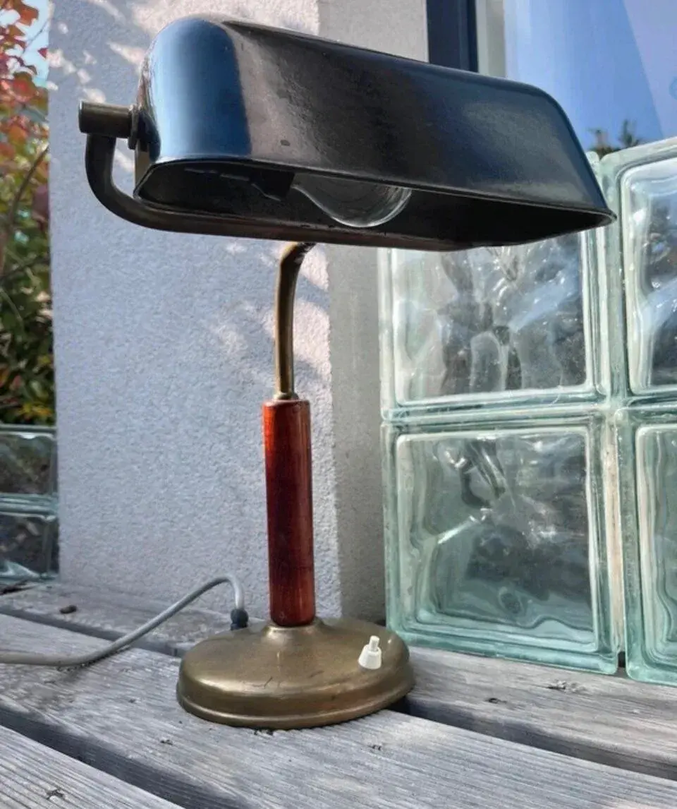 Retro bankéřská / notářská lampa - mosaz a dřevo
