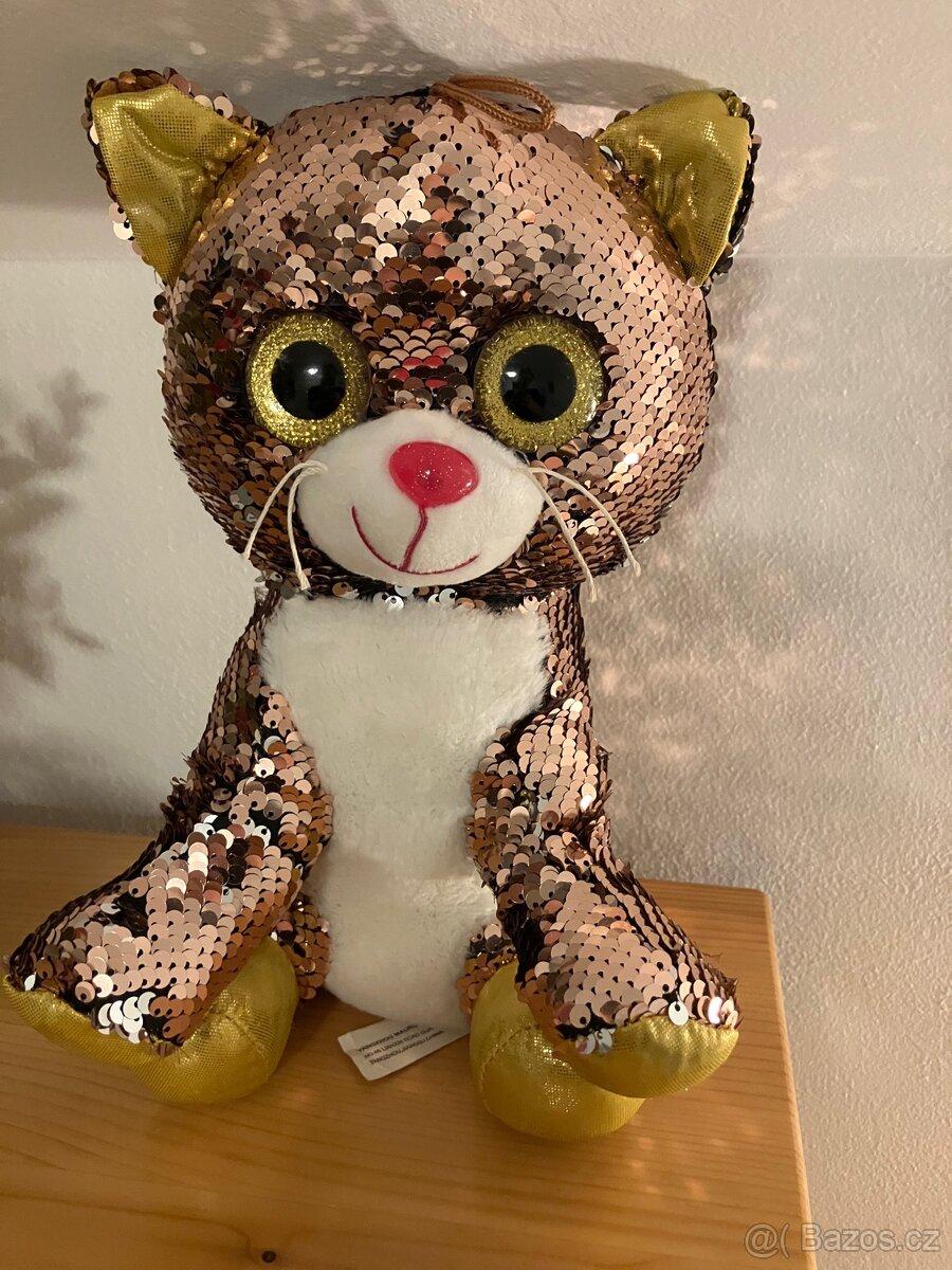 Plyšák KOČKA flitrový, měnící barvy, 30 cm
