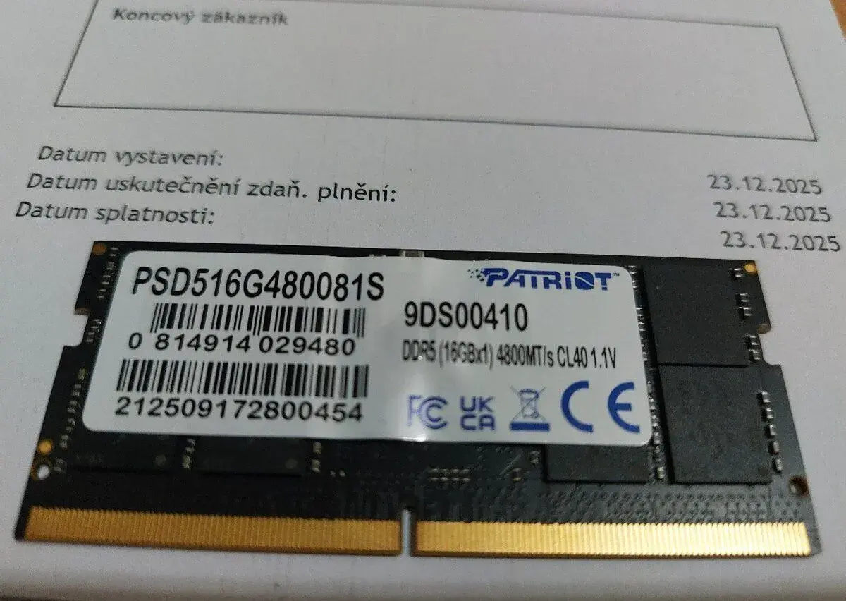 Operační paměť RAM Sodimm Patriot 16 GB, DOKLAD, ZÁRUKA