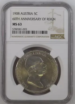 5 Koruna 1908 jubilejní F.J.I., NGC MS 63