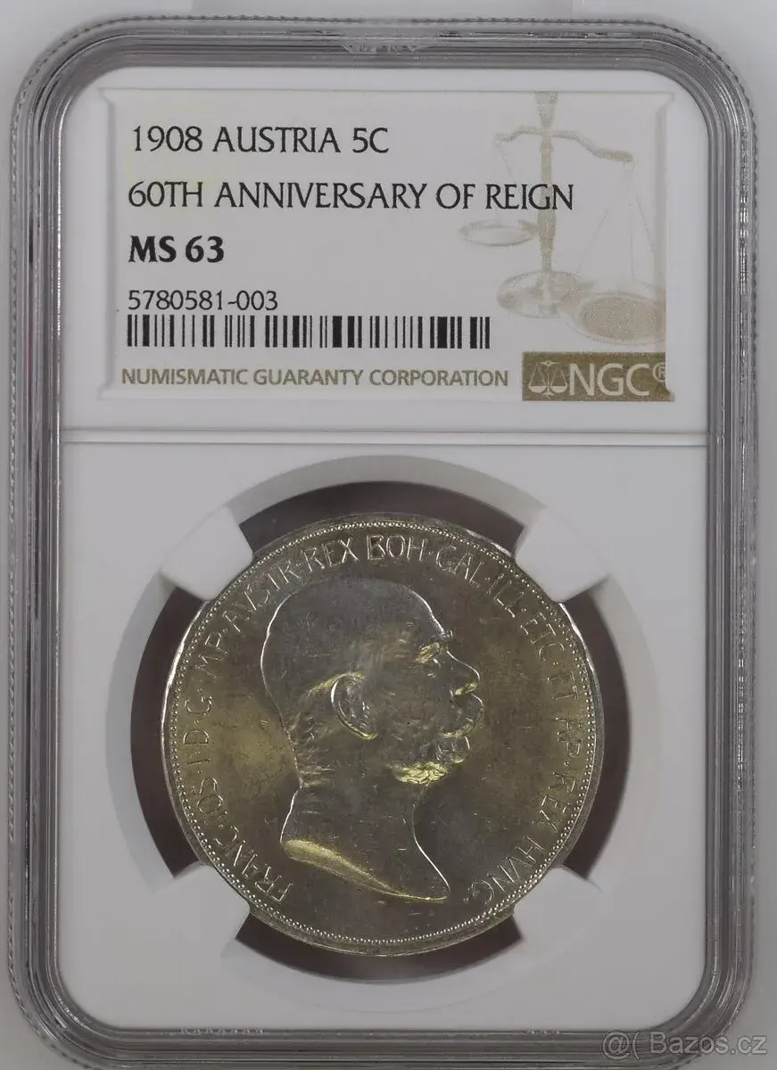 5 Koruna 1908 jubilejní F.J.I., NGC MS 63