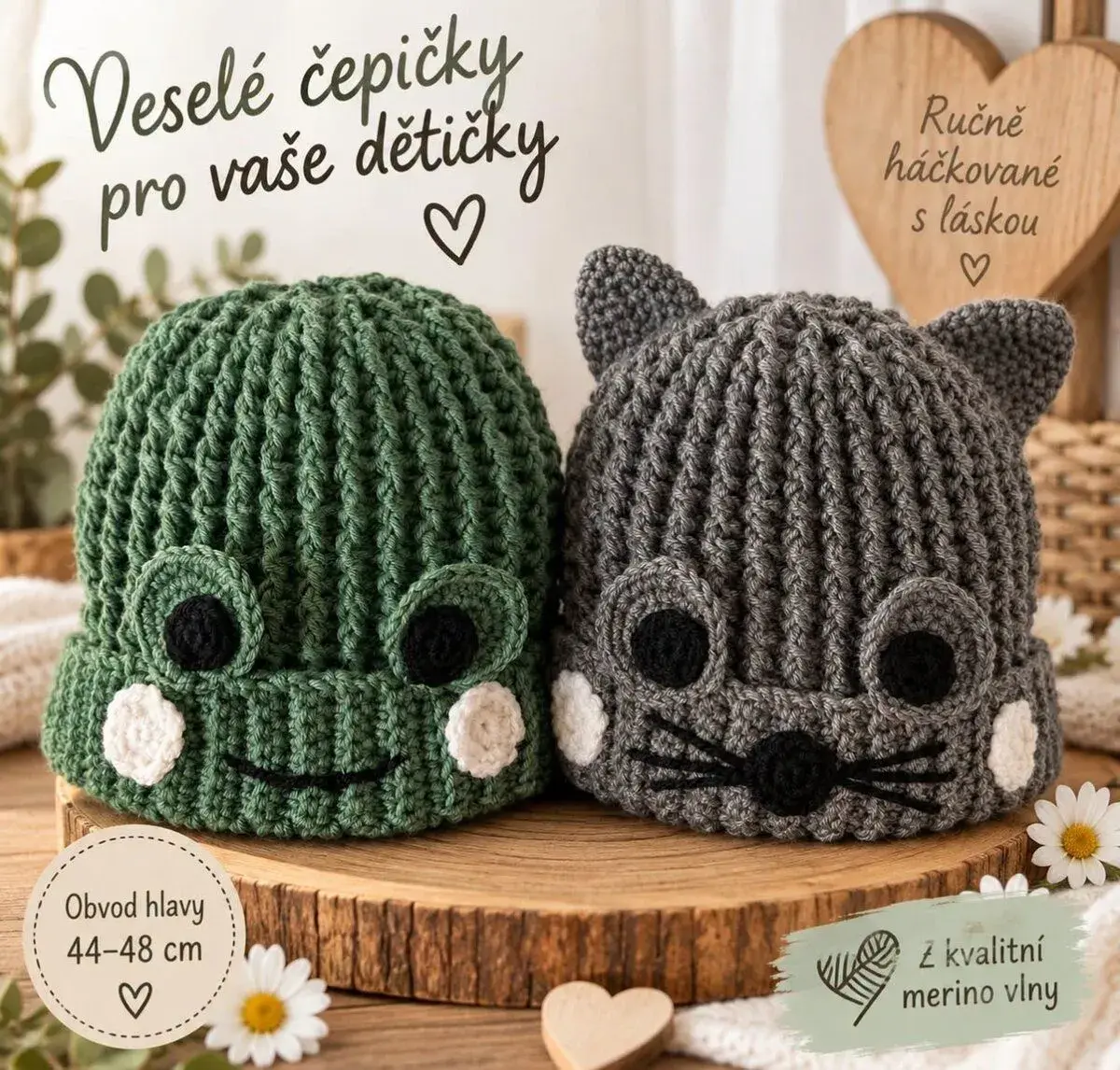 Veselé čepičky z merino vlny