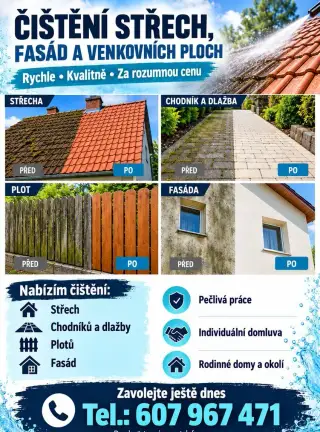 Čištění střech, dlažeb, plotů, chodníků, fasád, bazénů