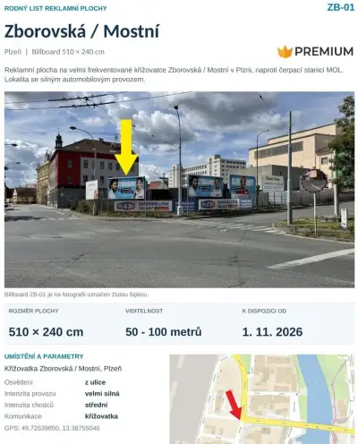 Billboard č.1 Plzeň Doudlevce, křižovatka Zborovská - Mostní