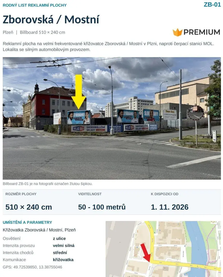 Billboard č.1 Plzeň Doudlevce, křižovatka Zborovská - Mostní