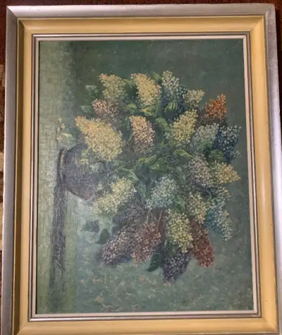 Starožitný obraz – Kytice šeříků ve váze (olej) 1944