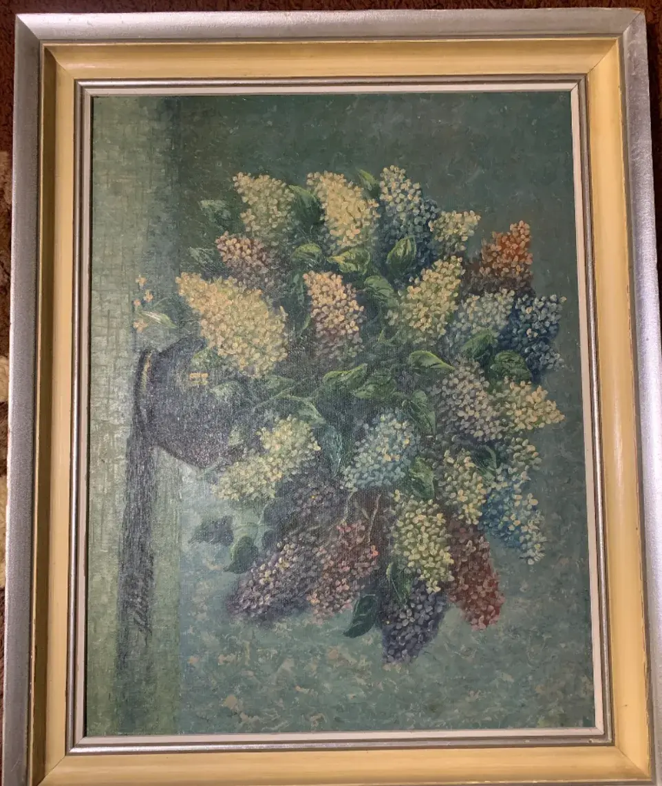 Starožitný obraz – Kytice šeříků ve váze (olej) 1944