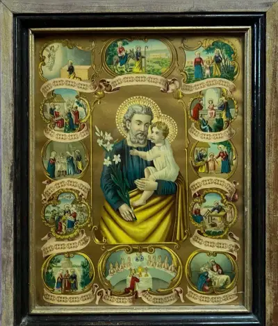 Starožitný obraz – Svatý Josef s Ježíškem a výjevy ze života