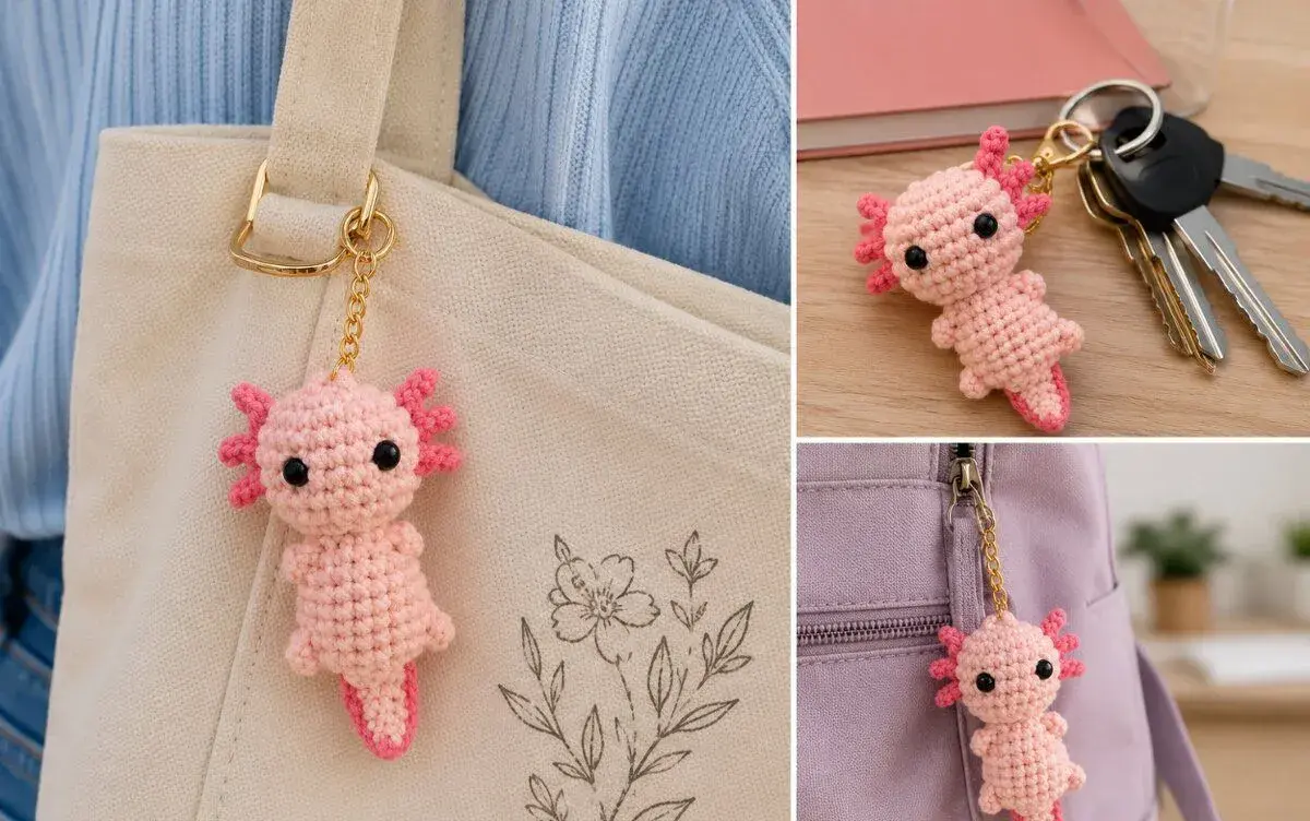 Ručně háčkovaný přívěsek Axolotl