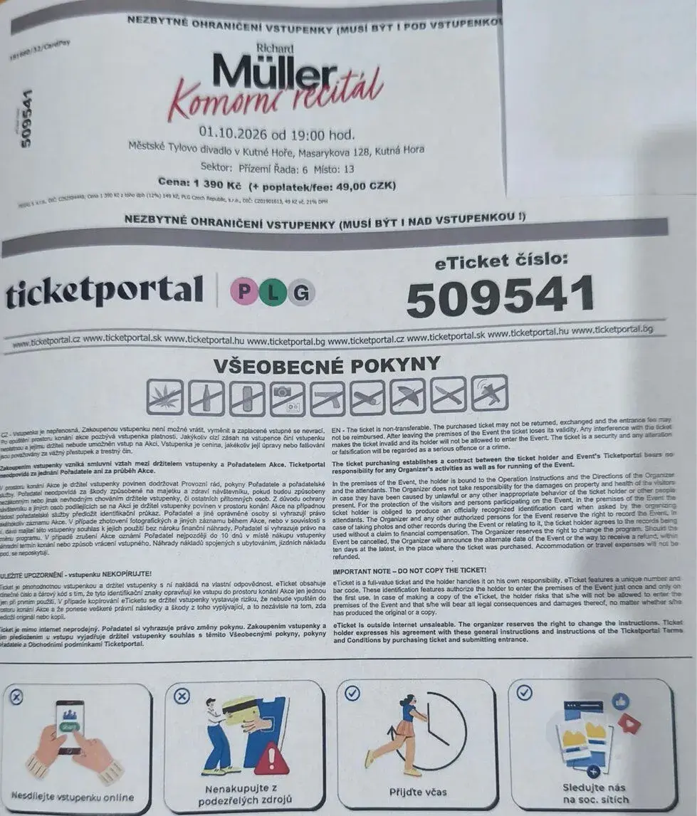 2 Vstupenky Richard Müller Kutná Hora