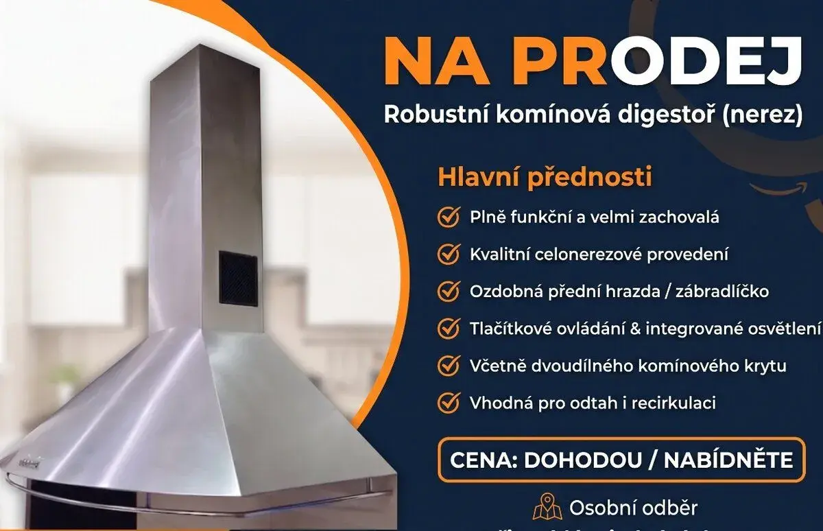 Robustní nerezová komínová digestoř skvělý stav