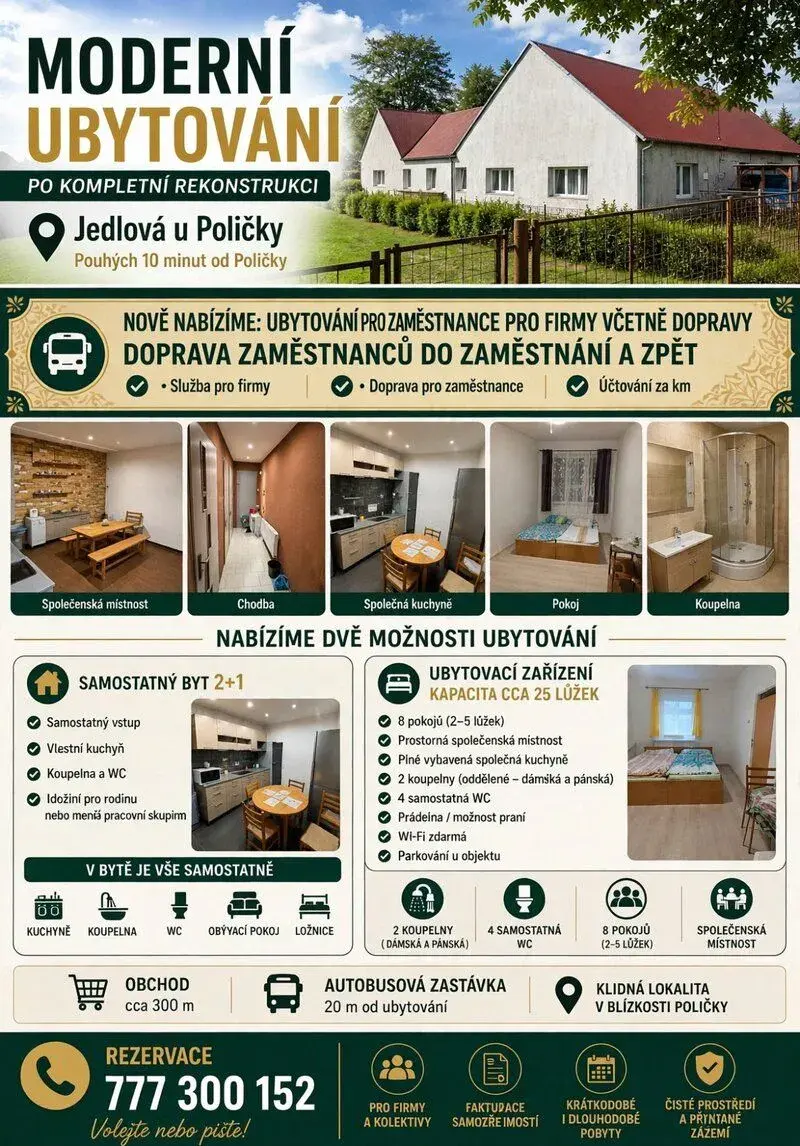 UBYTOVÁNÍ PRO FIRMY + DOPRAVA ZAMĚSTNANCŮ DO PRÁCE