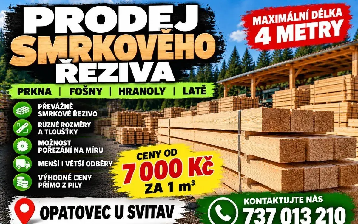 Smrkové řezivo – prkna, fošny, hranoly – od 7 000 Kč/m³