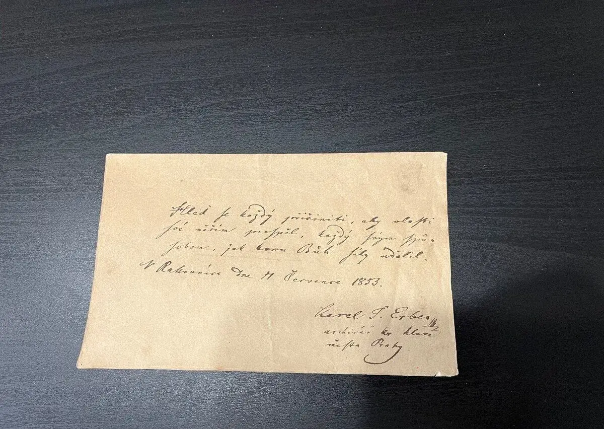 KAREL JAROMÍR ERBEN - vzácný originální podpis a přípis 1853