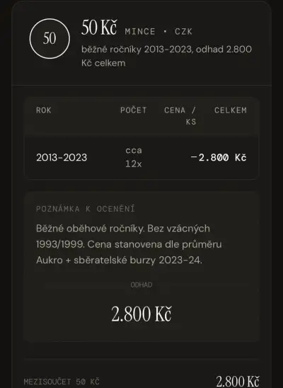 Vzácné roky cz mincí 1,2,5,10,20,50 kč