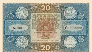 Novotisk státovky 20 Kč z roku 1919, uložena ve foldru